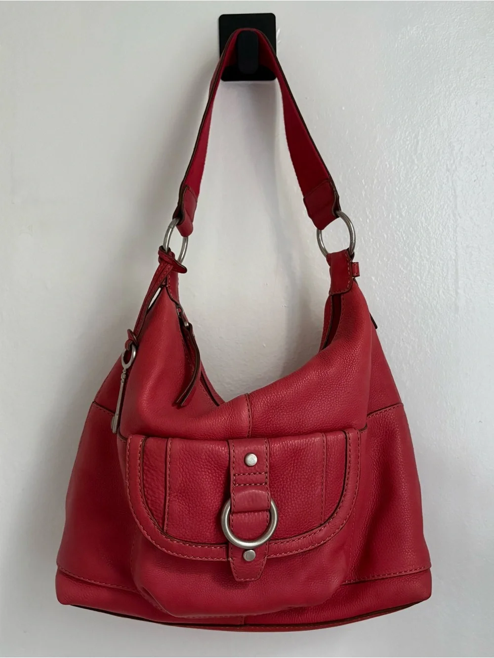 Fossil Salmon / Red Leather Slouchy Hobo Shoulder Bag